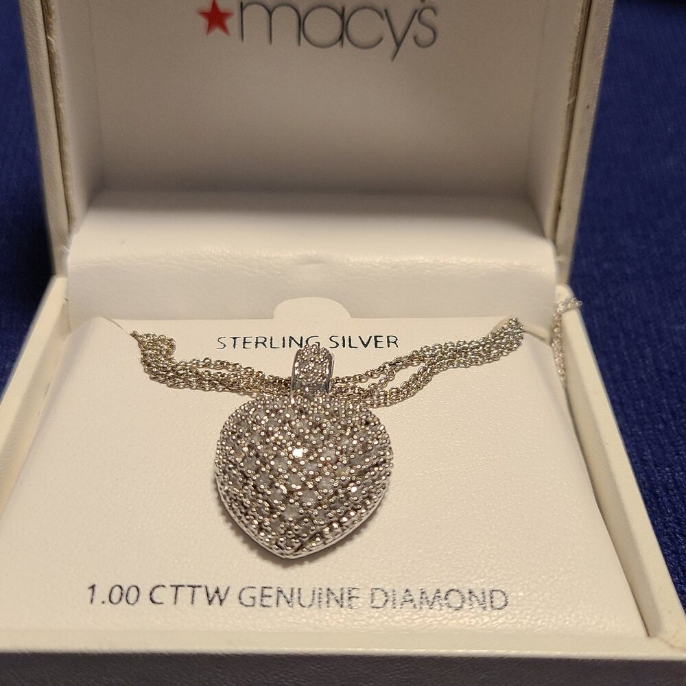 NWT Sterling Silver Heart Charm 18" necklace w 1.00 CTTW Genuine Diamond.